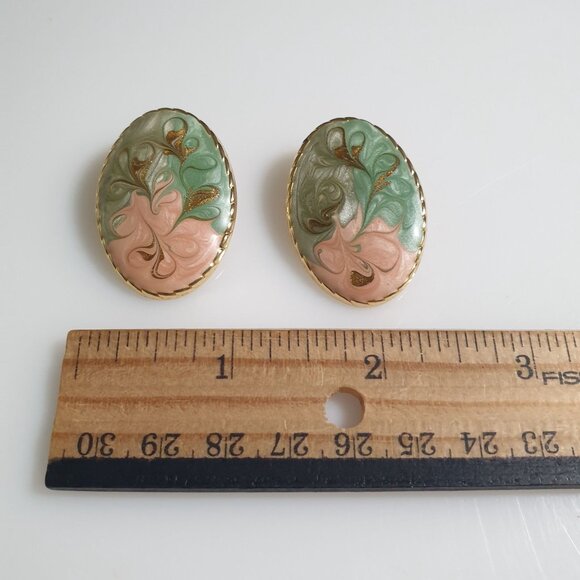 Vintage Gold-Tone Clip-On Earrings With Swirled Green & Peach Enamel Design - Picture 2 of 4